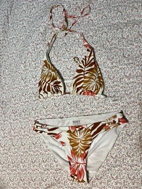 Roxy Leaf-Print Triangle Bikini in White, Brown, Mustard, Coral, medium